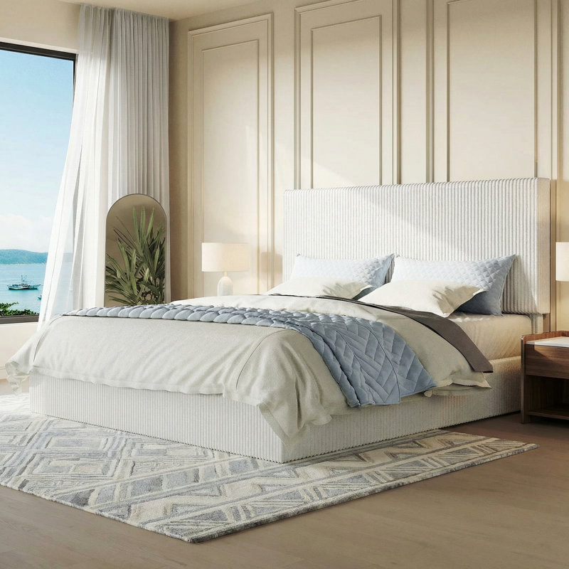 Lit plateforme moderne entièrement rembourré en velours côtelé avec tête de lit, conception sans poussière, aucun sommier tapissier requis
