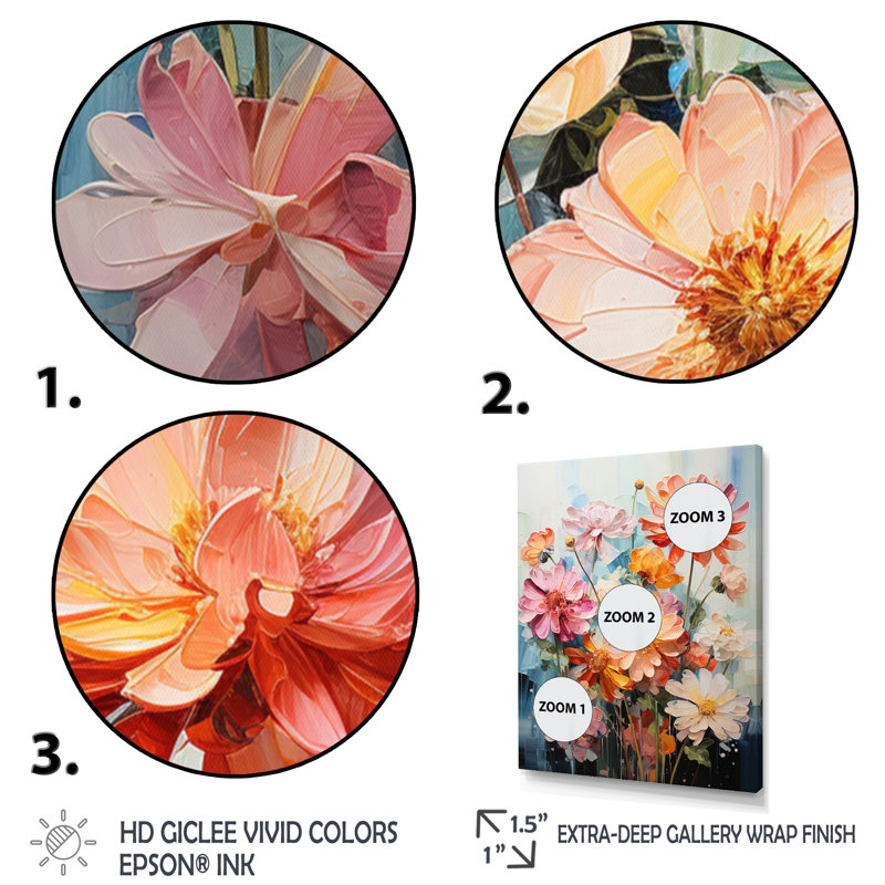 Collage de fleurs claires Zinnias III, H 40 po x l 30 po x P 1,5 po, Or