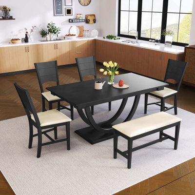 6PCS Modern Wood Dining Set, Rectangular Wooden Kitchen Table With Long Bench And 4 Dining Chairs