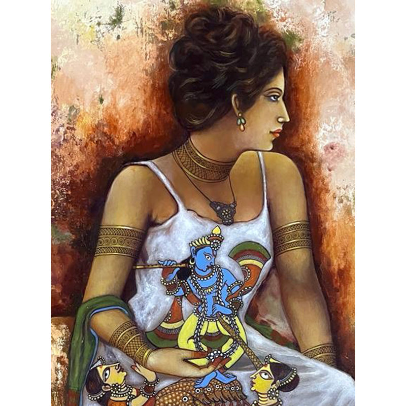Radha assise - l'histoire du serpent Kaliya sur toile | Acrylique sur toile | Avec cadre