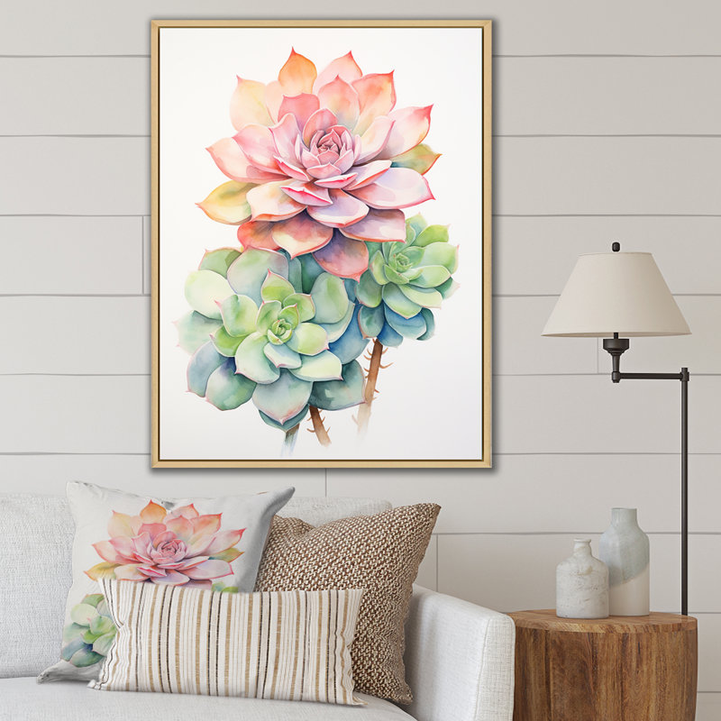 «Blossoming Succulent In Tender Retro Pink I», reproduction sur toile, H 44 po x l 34 po, Cadre naturel flottant