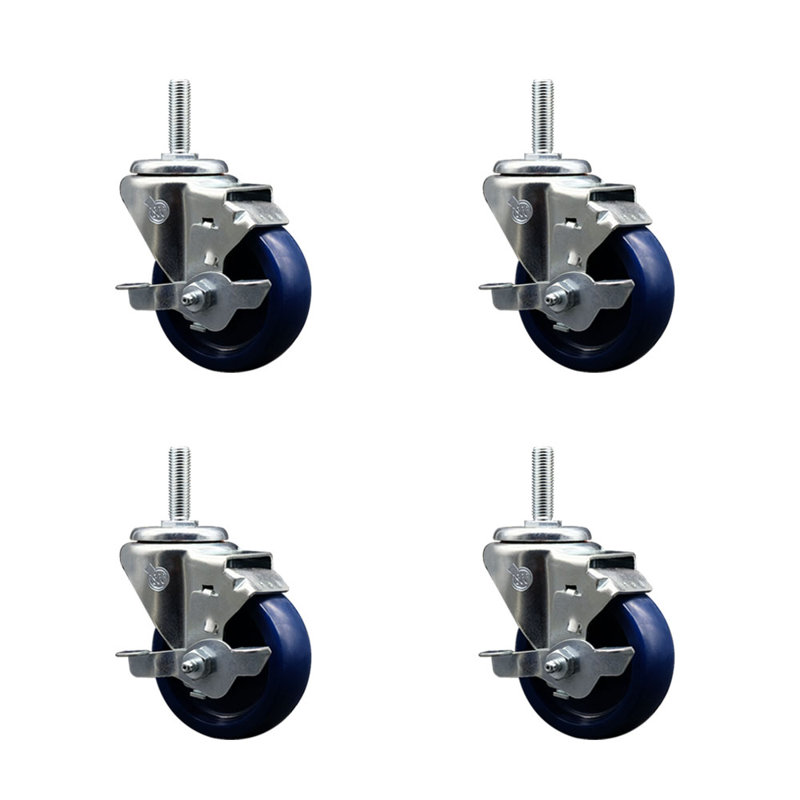 3.5 Inch_Solid Poly Wheel Swivel 5/8 Inch Threaded Stem Caster Set with Brake