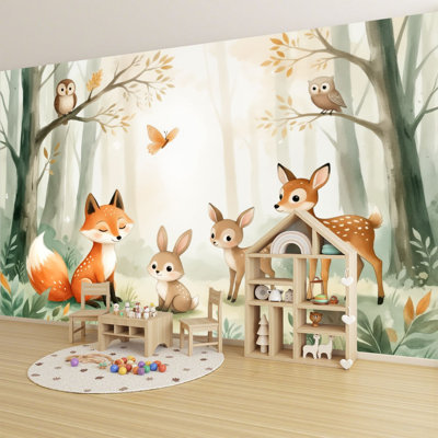 Peel and Stick Wallpaper Cute Woodland Animals Forest Fox Rabbit Deer Owls Wall Murals 100"H x 144"W Removable PVC Wall Paper Self-Adhesive Wall Decor for Bedroom Living Room Home Office