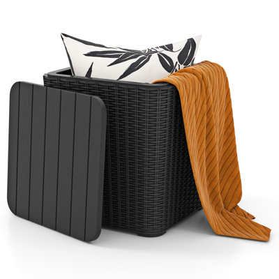 Waterproof Deck Box, Faux Rattan Outdoor Storage Container, 11.5-Gallon, 1-Unit, (Black)