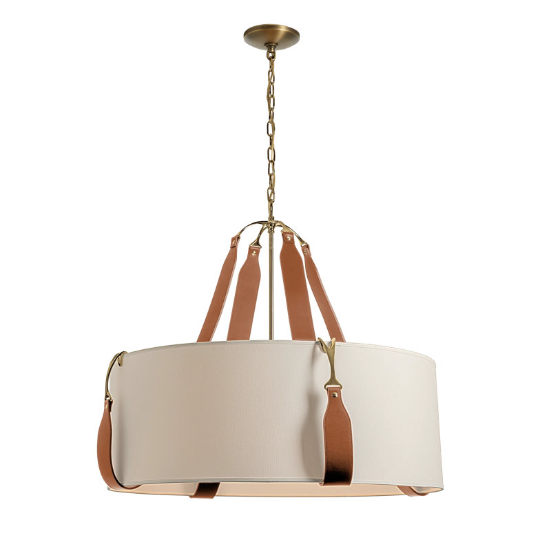 Saratoga 4 - Light Drum Pendant, Antique Brass, Chestnut Leather, Flax Shade