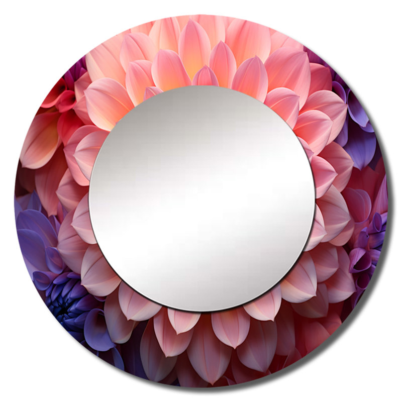 Infinite rose Dahlia beauté - grand miroir mural Dahlia, miroir décoratif rond traditionnel, impression d'art en métal