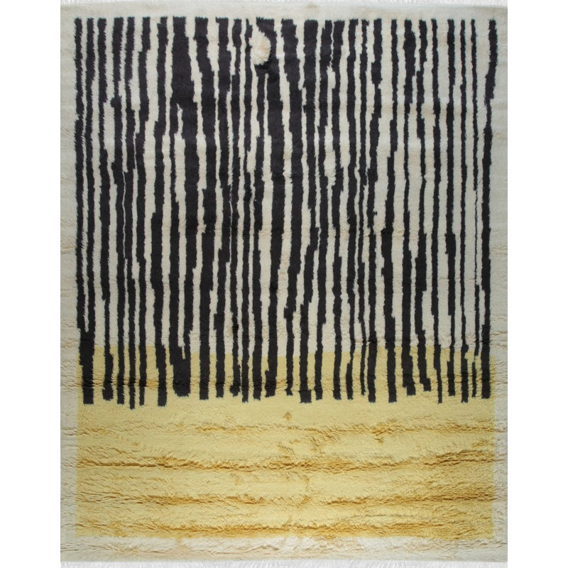 Yellow Hand-Knotted Wool Abstract Forest Canopy Tribal Modern Contemporary Carpet Rug, 8' x 10'
