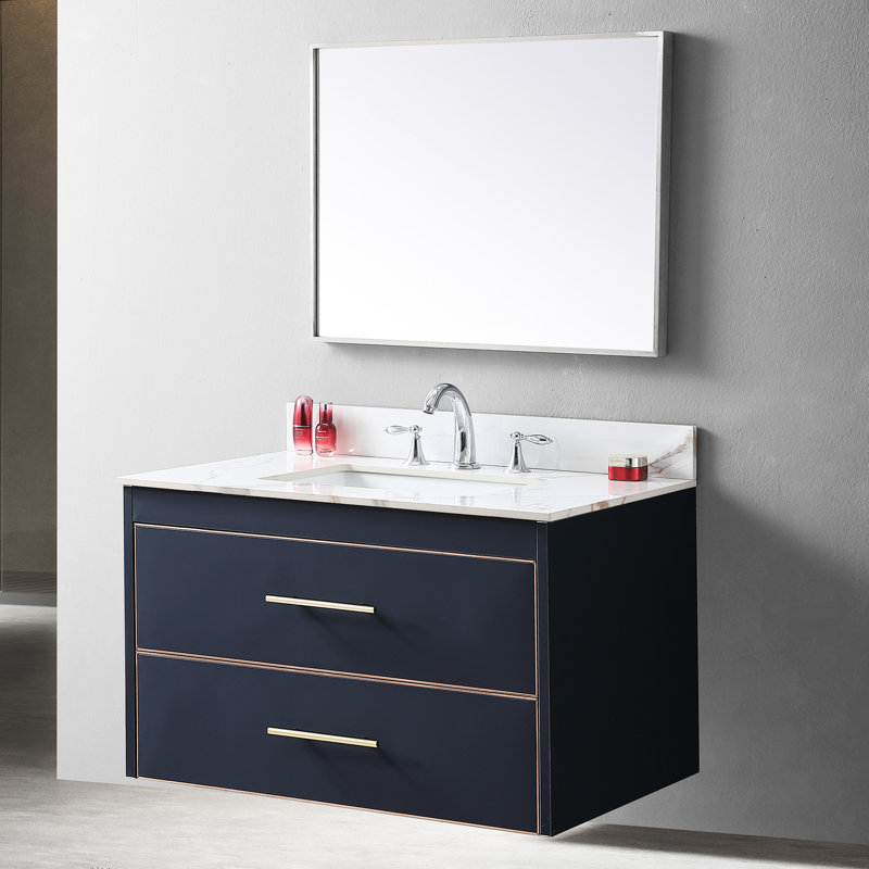 37Inch Bathroom Vanity Top Sintered Stone, Undermount Ceramic Sink Rectangle, 3 Faucet Holes, Backsplash Included Rectangle Sink, Hole, With