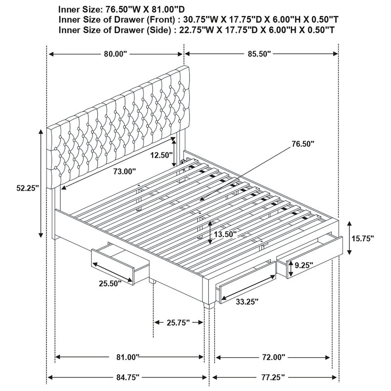 Lit de rangement tapissier gris très grand avec 4 tiroirs, tête de lit à boutons, structure en bois franc asiatique et ensemble de lattes pour lit avec matelas, gris, tissu,