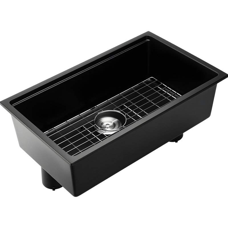 Évier encastré à une cuve en granit noir 30 x 18 x 9 pouces, finition non poreuse, maintien des ustensiles en place, gain de place dans la cuisine, réduction des éclaboussures