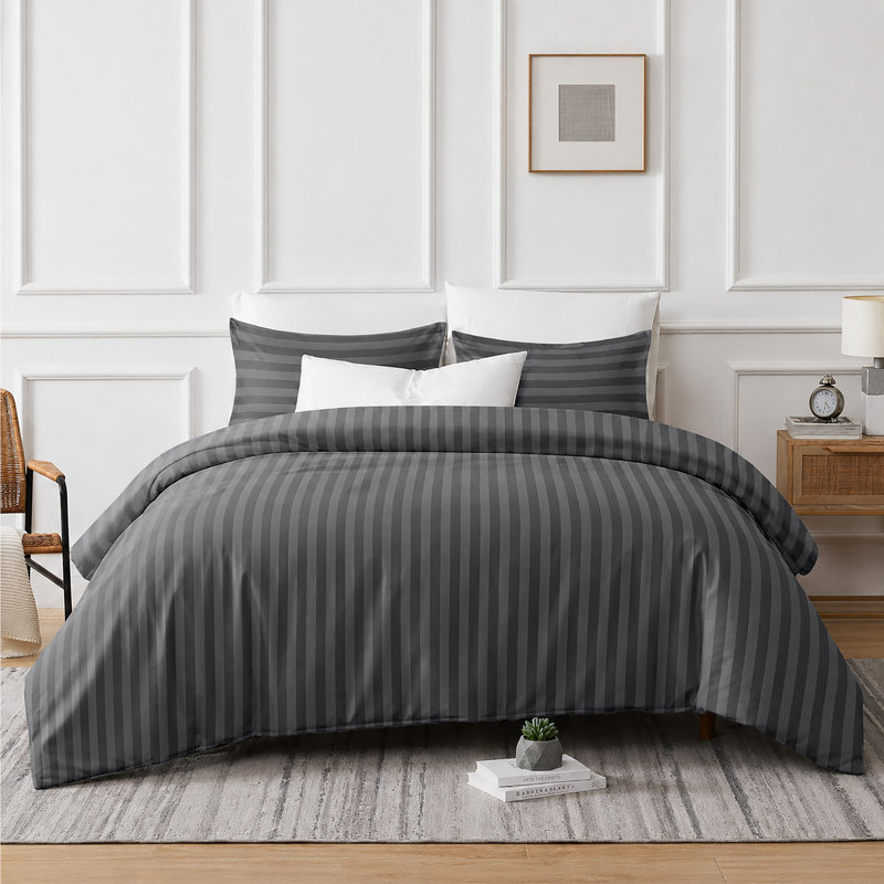Stripe Duvet Cover Complete Bedding Set - Microfiber Duvet, Fitted Sheet & Pillowcases, Grey Striped