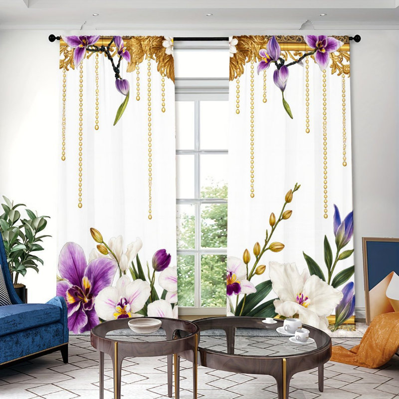 2PCS Luxury Floral and Golden Chain Pattern Light Filtering Curtain with Purple Orchid Gold Leaf Design, Elegant Home Decor, Easy Hang Rod Pocket, Year-Round Curtains for Living Room Bedroom Cabinet