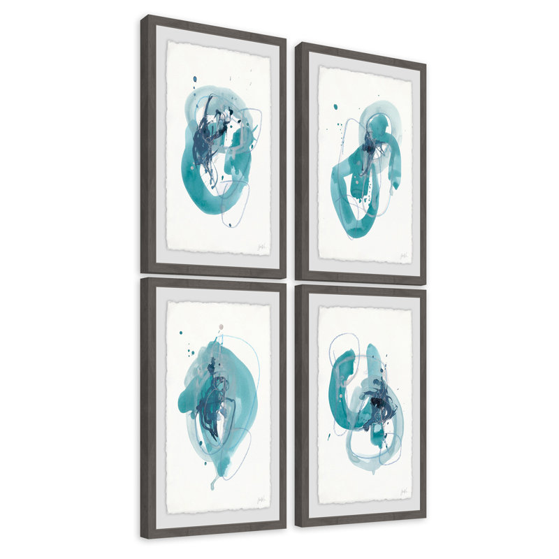 Turquoise Drips - ensemble de 4 reproductions encadrées sur papier, H 24 po x l 16 po x L 1,5 po