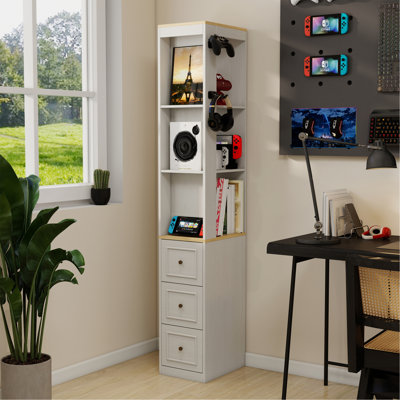 73" Tall Slim Storage Cabinet, 3-Tier Media Storage Cabinet With 3 Drawers And 2 Hooks, Bookcase Display Storage Shelves, Cube Cd, Dvd, Game Console Storage Cabinet-Antique White