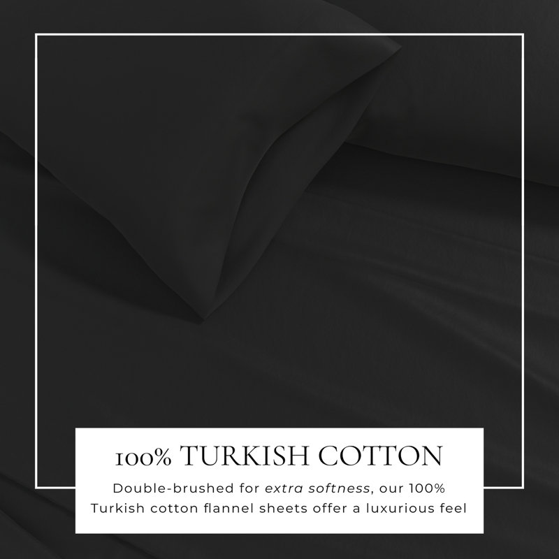 100% Turkish Cotton Flannel Solid & Plaid Sheet Sets, Solid - Black, King with 2 Pillowcases