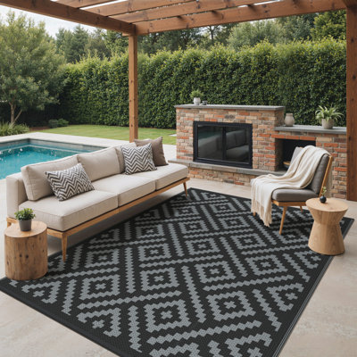 Shimeek Outdoor Rug for Patio Clearance, Waterproof Mat,Reversible Plastic Camping Rugs,Black & Grey