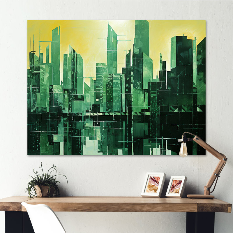«Jade Juxtaposition Green Skyscraper Cityscape I», reproduction sur toile, Toile tendue, H 30 po x l 40 po x P 1,5 po