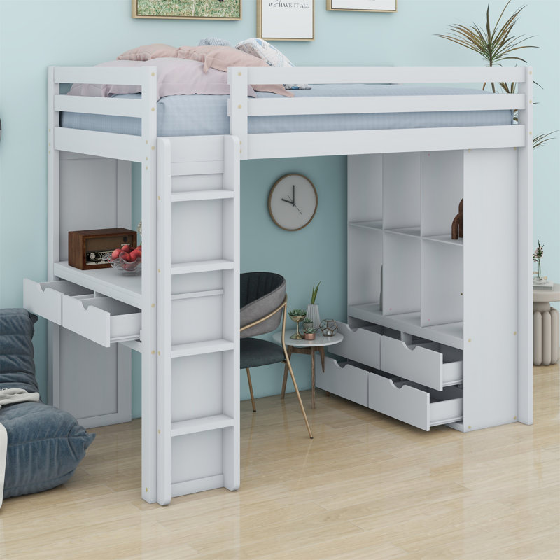 Jaylo Kids Loft Bed with Drawers, Twin, White