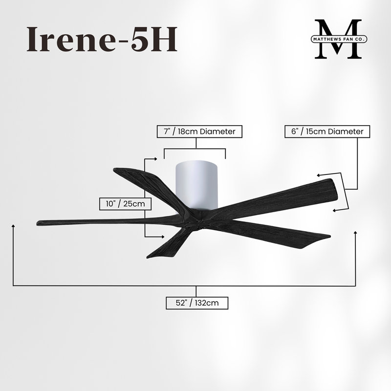 60" Irene 5-Blade Hugger Ceiling Fan with Wall Remote, Gloss White, Matte Black, 52"