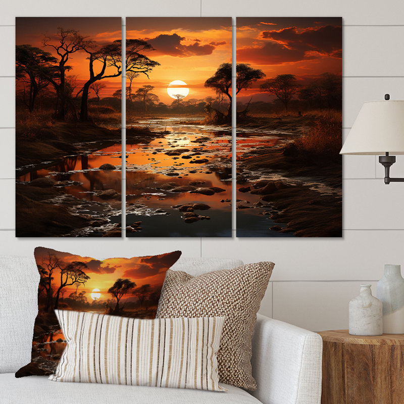 «African Sunset Oasis I» sur toile, reproduction de 3 pièces, H 28 po x l 36 po x P 1 po