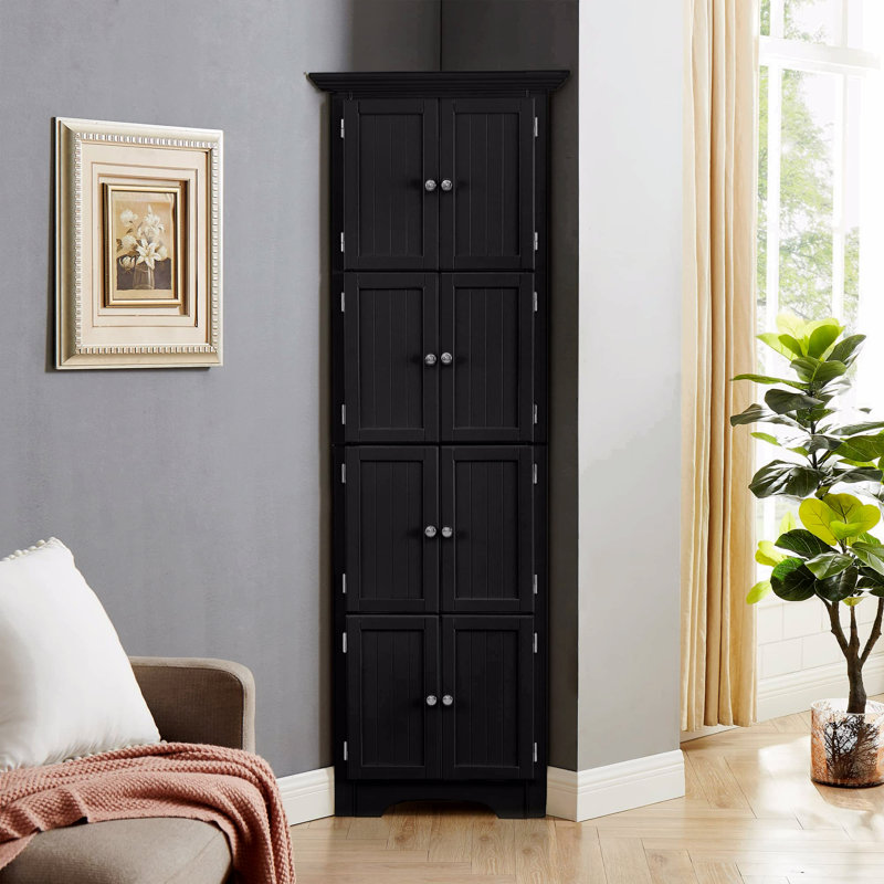 Tall Storage Cabinet With Doors And 4 Shelves, Black