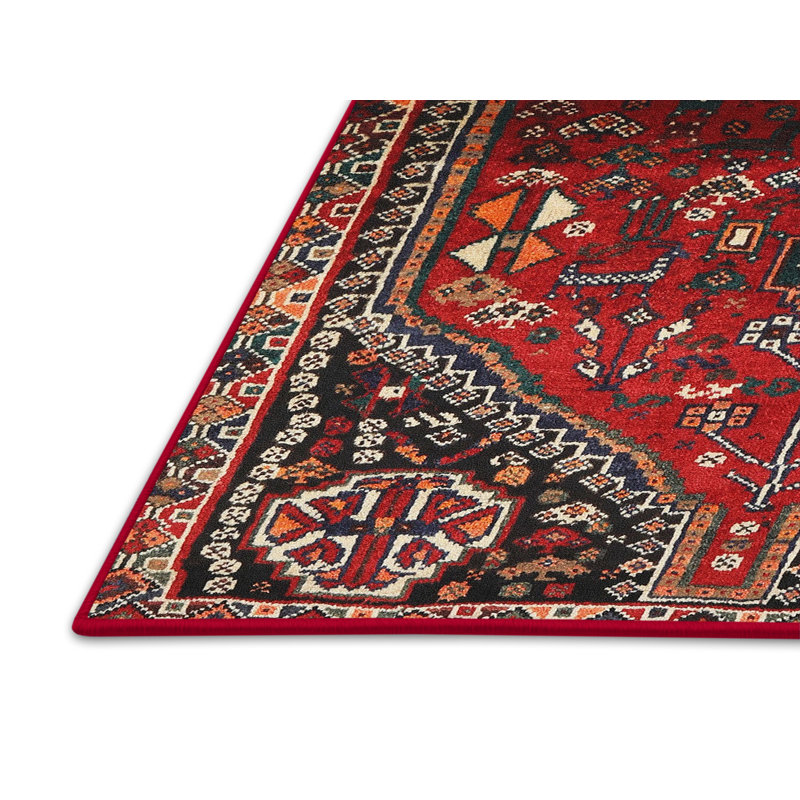 Tapis oriental en laine / polyester tissé à la machine beige / noir / rouge, Rectangle 2 pi x 3 pi