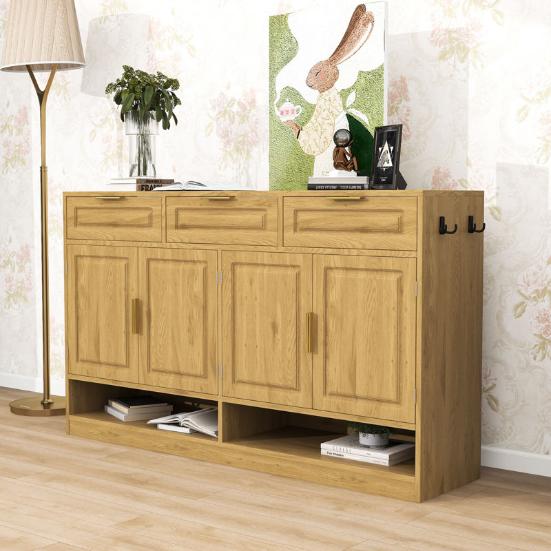 Sleek Wood Sideboard Buffet Cabinet with Adjustable Shelf, 3 Drawers, 4 Doors and Open Storage, Natural