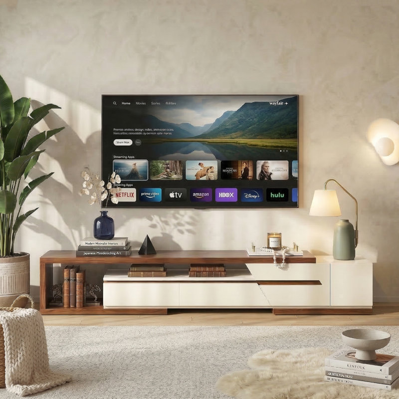  Meuble télé extensible pré-assemblé avec rangement - console multimédia réglable (78,74 po à 106,29 po) pour meubles de salon
