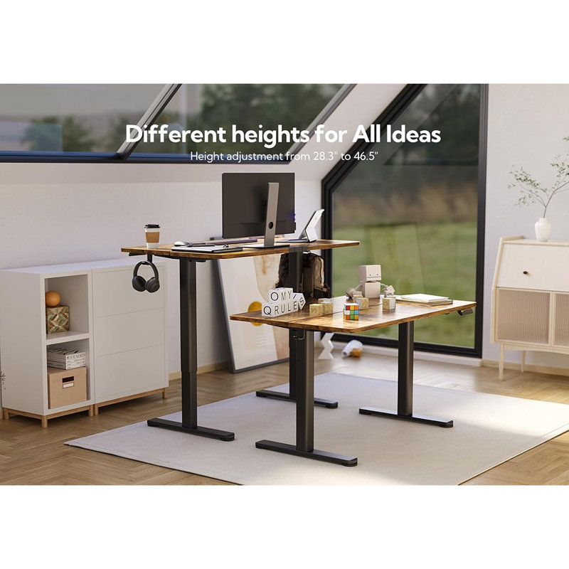 Bureau électrique debout, bureau à hauteur ajustable, bureau assis-debout 24 po x 48 po avec planche de raccordement, cadre noir / plateau brun rustique
