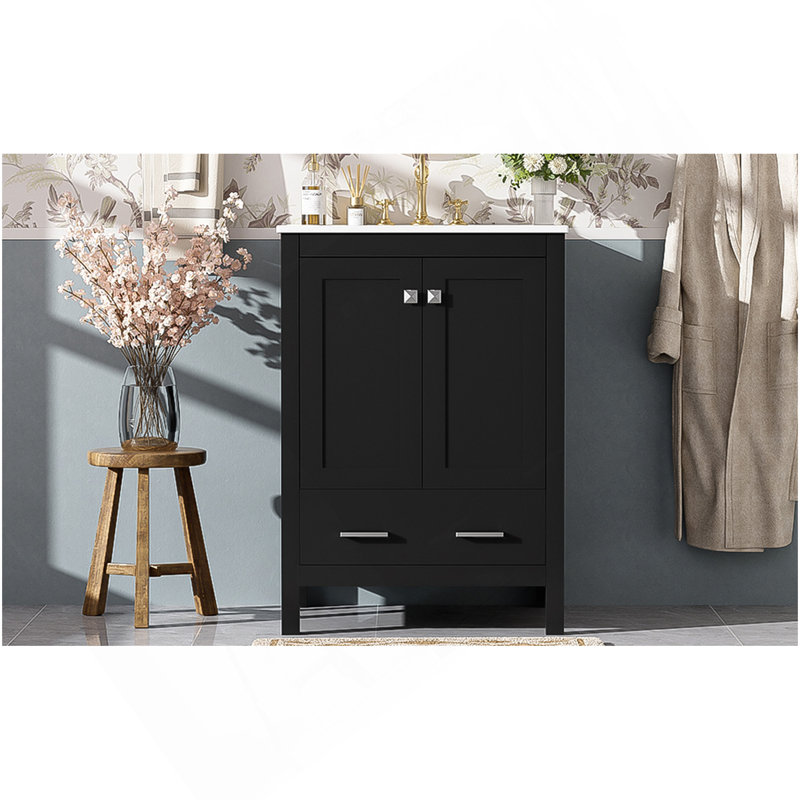 Meuble-lavabo de 24 pouces avec lavabo encastré intégré et armoire de rangement avec 2 portes et 1 tiroir. Comprend une tablette de porte à double couche, une conception à fermeture douce et des solutions de rangement polyvalentes