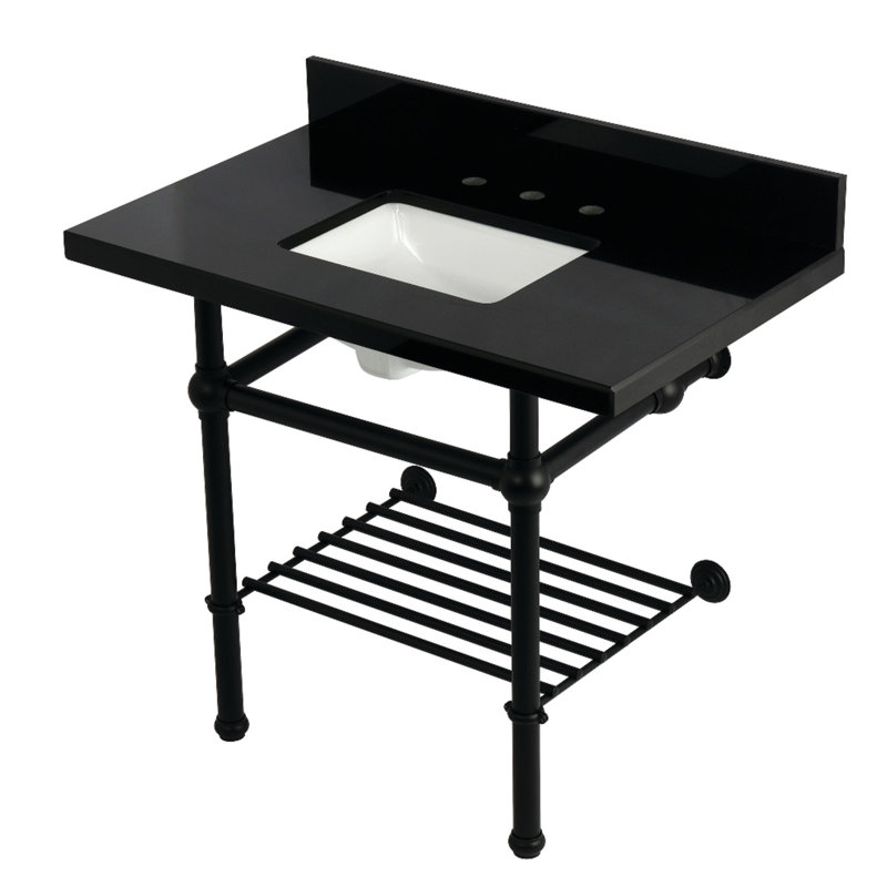 Kingston Brass Templeton 36-Inch Black Granite Console Sink with Brass Legs and Shelf (8-Inch, 3-Hole)