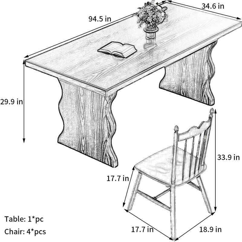 Ensemble de salle à manger Black Wood, H 29,9 po x L 94,5 po x l 34,6 po