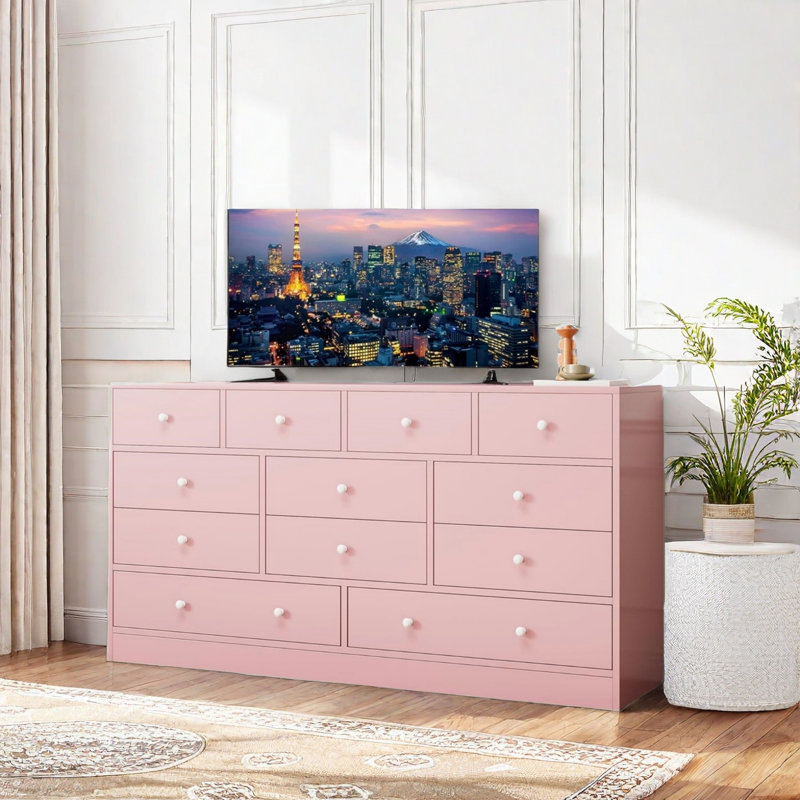 Commode 12 tiroirs avec prise de courant, commode à tiroirs large pour chambre à coucher, salon, couloir, Rose