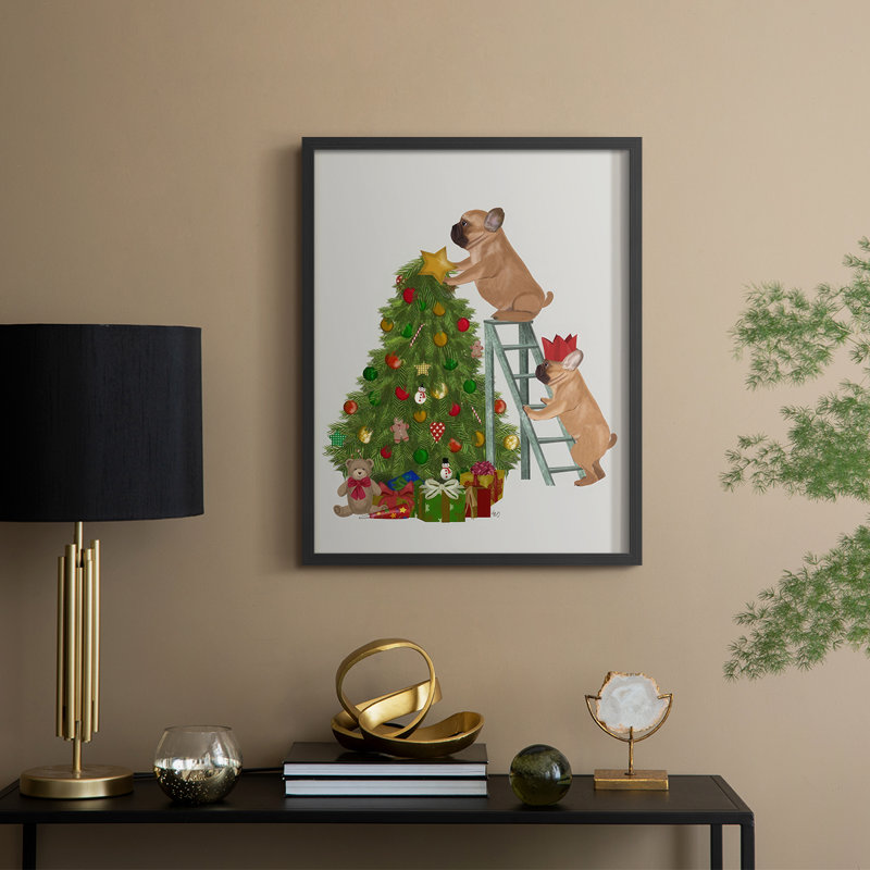 Échelle de bouledogue français de Noël, reproduction encadrée en bois massif, H 15 po x l 12 po, Noir, noir, noir, noir