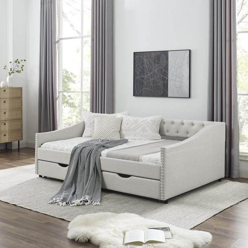 Modern Daybed With Drawers Upholstered Tufted Sofa Bed, With Button On Back And Copper Nail On Waved Shape Arms, Beige