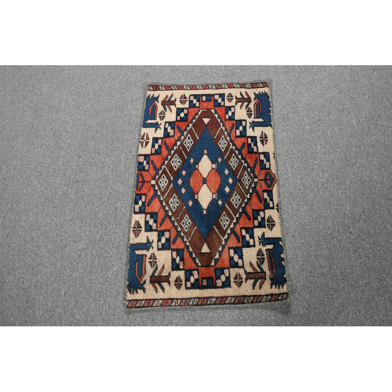 Handwoven Vintage Turkish Kilim Door Mat with Vibrant Blue Geometric Pattern in Wool