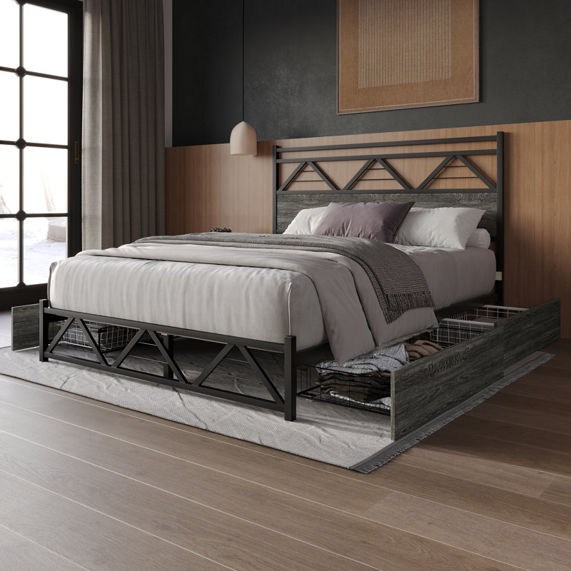 Full Metal Platform Bed With Storage In Natural Oak, Queen, Dark Gray