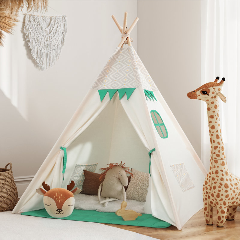 Besrey Kid Teepee Play Tent with String Lights & Thickened Mat,Kids Indoor Outdoor Playhuose Tent,Green