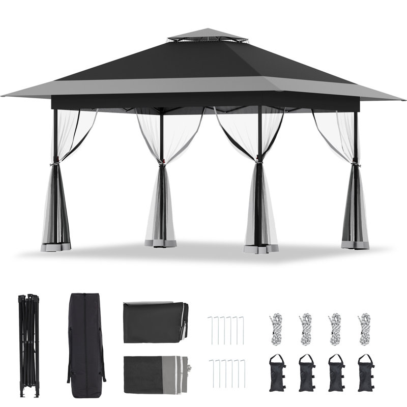 13 Ft. W X 13 Ft. D Metal Pop-up Gazebo With Mosquito Netting, Black