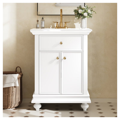 24-Inch White Bathroom Vanity with Ceramic Top, Tip-Out Drawer and Soft-Close Doors