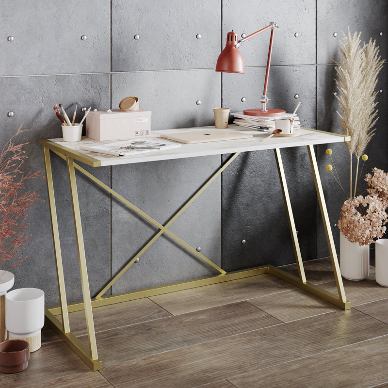 Hawkin 120cm W Rectangular Computer Desk, Ephesus Marble/Gold