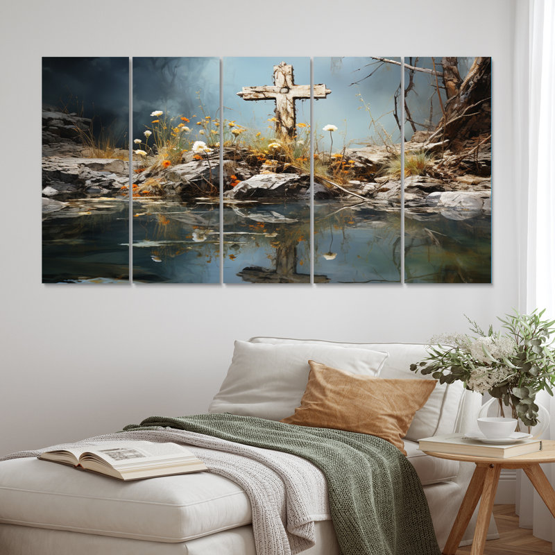 Croix religieuse, paysage divin à réflexion I - salon d'art mural spirituel - 5 panneaux égaux