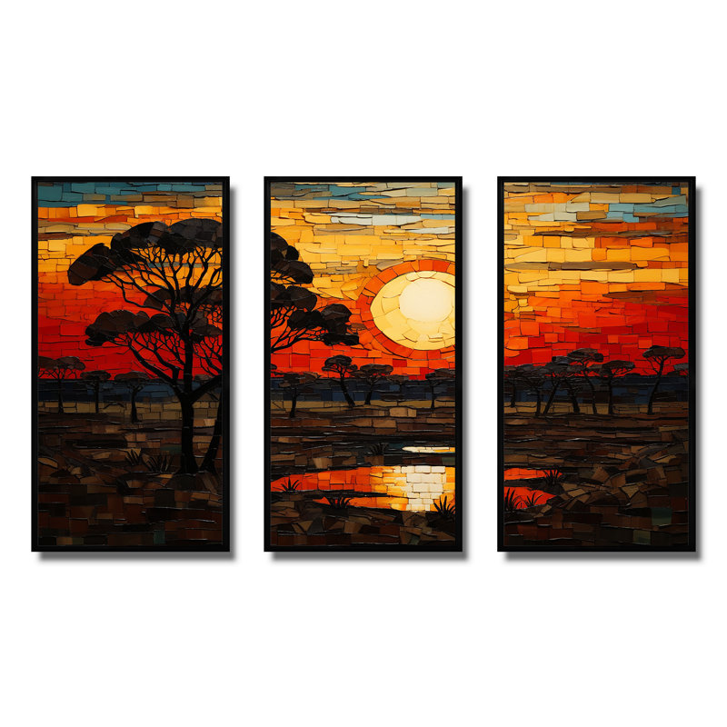 Savannah, coucher de soleil en safari africain dans les teintes 3 - Boho mosaïque, art mural, Cadre flottant noir