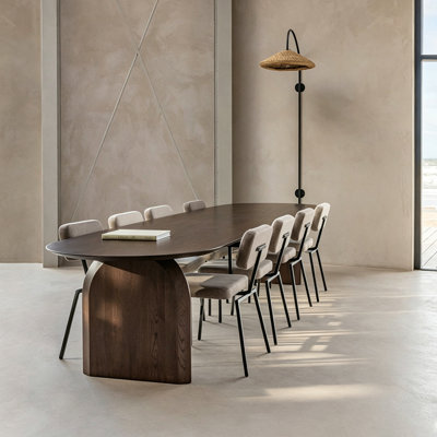 55.12"Wabi-Sabi Solid Pine Wood Dining Table with Curved Oval Top & Arched Panel Base – Minimalist Table for Homestay Tea Room Dining Room