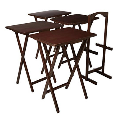 PJ Wood Folding TV Tray Tables with Compact Storage Rack, 5 Piece Set