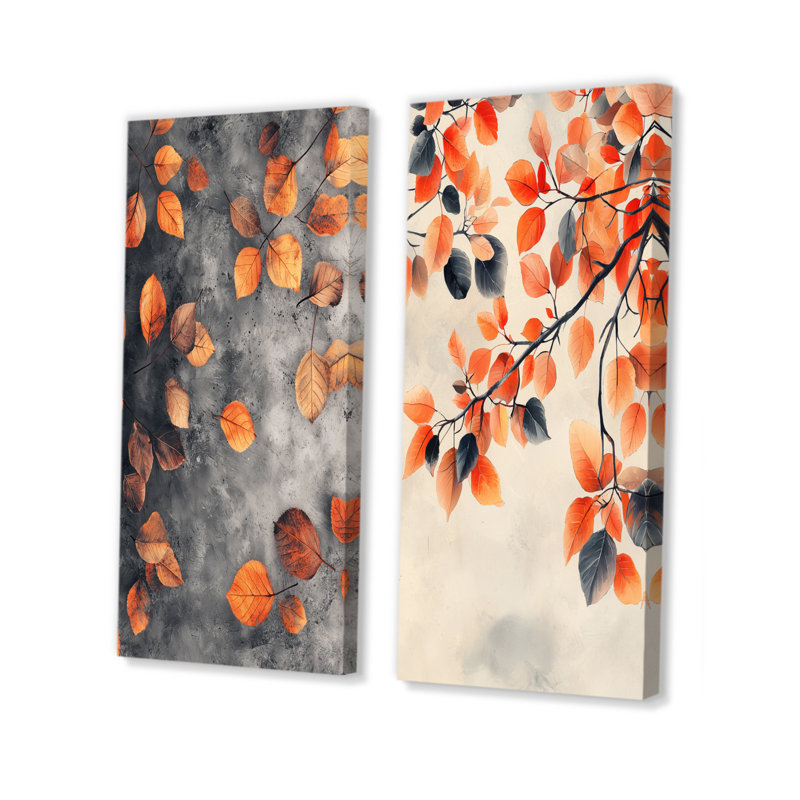 Feuilles d'automne orange I - art mural floral 2 panneaux, H 28 po x l 25 po, Toile tendue