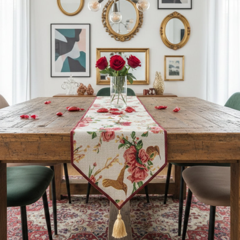 Chemin de table à motif floral rouge roses et oiseaux Bagby, l 13 po x L 54 po