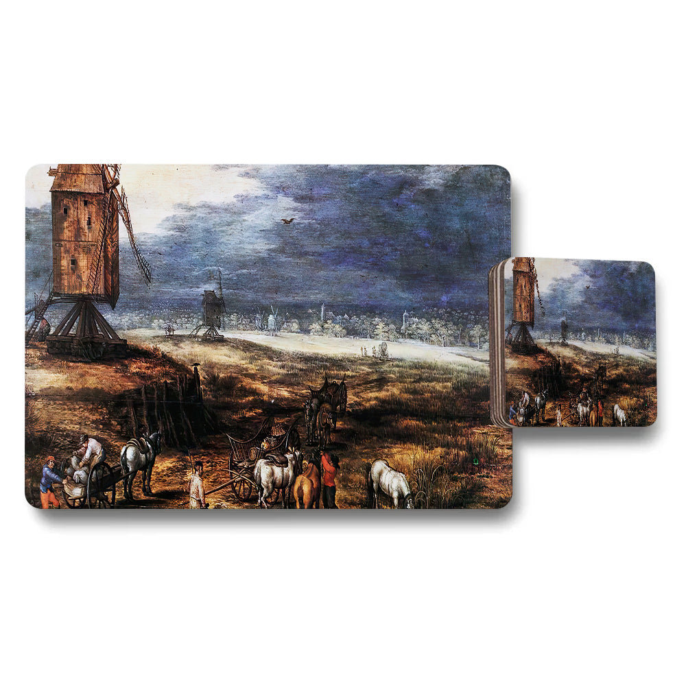 Windmill Landscape Placemat and Coaster Set for Rustic Table Decor