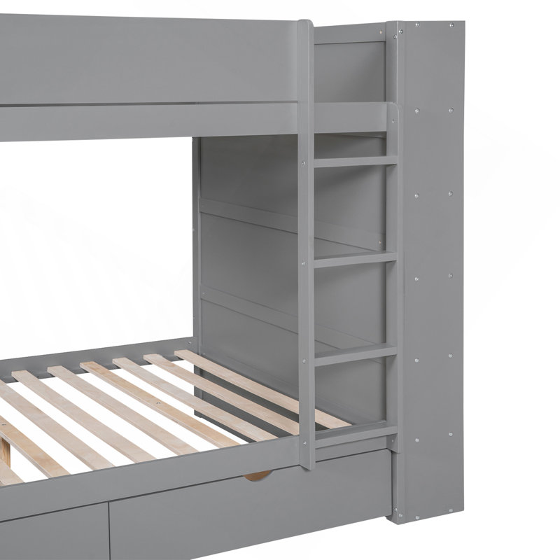 Lit superposé double au-dessus de double avec 2 tiroirs et armoire multicouche, gris, Lit double