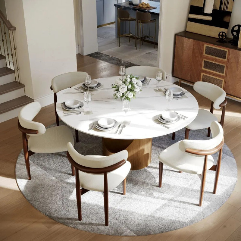 Modern 5/7 Pieces Dining Room Sets, Pre-Assembly Round Dining Table Sets, Sintered Stone Tabletop Kitchen Dining Table Set With Upholstered Chairs